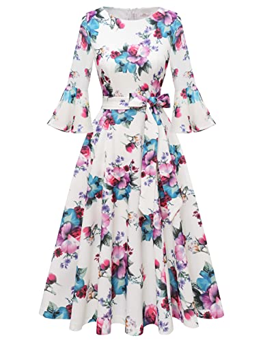 Image of HomRain Women's Church Dresses Modest Bell Sleeve Wedding Guest Cocktail Tea Party Vintage Evening Dress