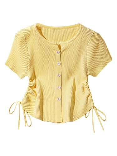 GORGLITTER Women's Striped Short Sleeve Sweater Cute Button Up Cardigan Collar Knit Tops