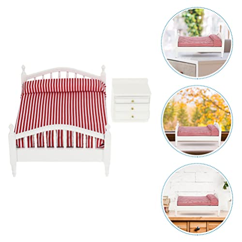 STOBOK 1: 12 Puppenhaus Möbel Bett Miniature Puppenhaus Bett Puppenhaus Doppelbett mit Matratze Und Holznachttisch für Puppenhaus Dekoration – Bild 4