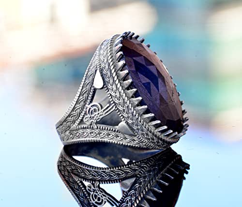 Genuine Blue Sapphire Gemstone Ring, 15.00 Carat, Ottoman Seal Ring, Sterling Silver Ring #TOP3