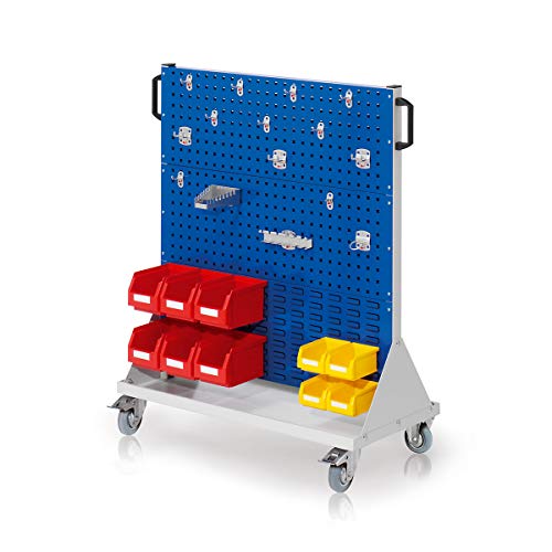 RasterMobil Größe 3 RAL 7035/5010, H1230 x B1000 x T500 mm | 1 x Werkzeughaltersort | 15-teilig, 6 x Lagersichtkästen Größe 6, 4 x Lagersichtkästen Größe 7