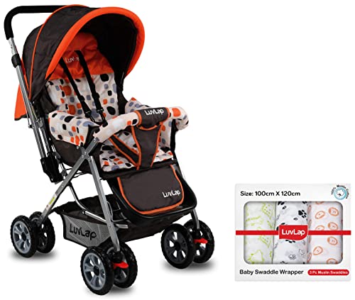 Image of LuvLap Sunshine Stroller /Pram, Easy Fold, for Newborn Baby /Kids, 0-3 Years (Orange) & LuvLap Muslin Swaddle Animals White