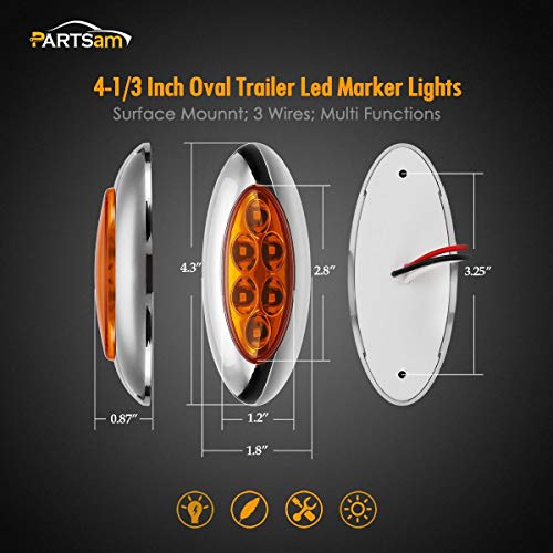 Partsam 4 Pcs 4-1/3" Amber Led Oval Side Marker Lights With Chrome Bezel, Oval Led Trailer Marker Lights, Trailer Parking And Turn Signal Lights, Small Led Cab Marker Lights #TOP3