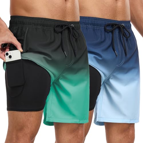 Mens Swim Trunks with Compression Liner 7 Inch Swim Shorts 2 in 1 Quick Dry Board Shorts Beach Wear