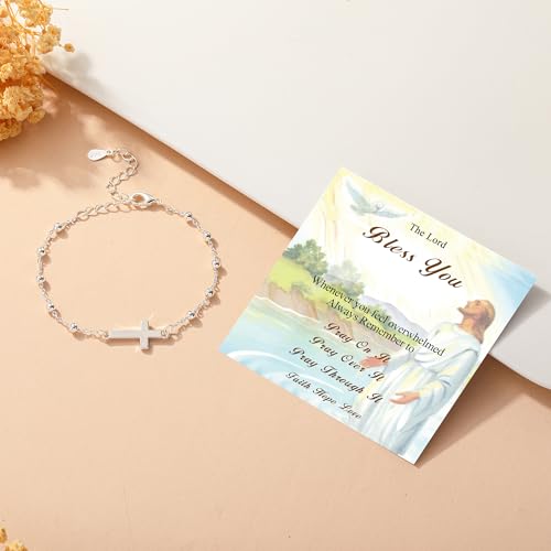 Image of Christian Gifts for Women Girls 925 Sterling Silver Rosary Cross Link Chain Bracelet Baptism Communion Confirmation Religious Jewelry Gifts with Inspirational Card