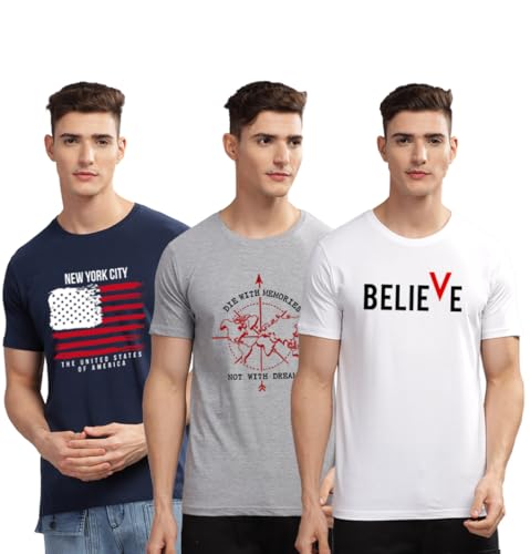Image of ADRO 100% Cotton Lycra Tshirts for Men Combo Pack of 3 | Regular Fit | Printed T Shirt | Round Neck Half Sleeve| Mens Tshirts