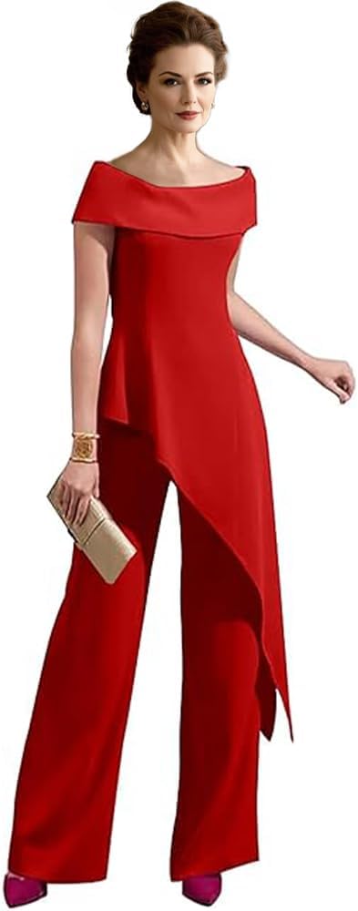 2 Piece Mother of The Bride Pant Suits for Wedding Off The Shoulder Chiffon Wedding Guest Outfit