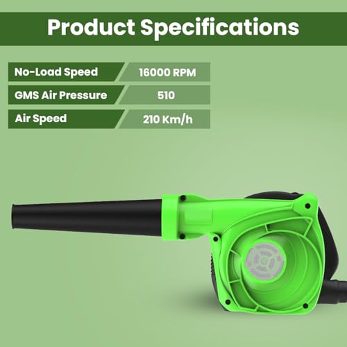 Image of Pivalo 700W Electric Leaf Blower Garden Dust Cleaner 16000 RPM Suction 510 GMS Airfoil Dirt Extraction 210km /h Airflow with Unbreakable Body & Glossy Finish for Snow (Green /Black, 1Pc)