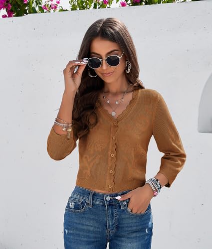 Image of Women Crop Cardigan Sweaters Lightweight 3 /4 Sleeve Button Up Crochet Shrug | Textured Bolero For Dresses Dressy Casual, V Neck, Ladies Eyelet Shawl Thin Trendy