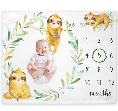 Image of Yuzioey Sloth Milestone Blanket, Safari Baby Growth Chart Monthly Blanket, Watch Me Grow Sloth Baby Nursery for New Moms Shower(50 inchx40 inch)