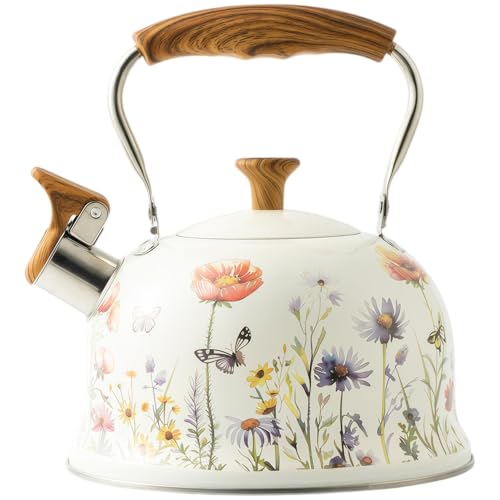 Beruyu Tea Kettle for Stove Top 2.7QT Whistling Kettle with Floral Pattern