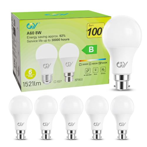 Image of GY 8W Bayonet Light Bulbs, 100W Equivalent, Cool White 6500K, B22 GLS 1521LM High Energy-Efficient Class B, A60 Energy Saving LED Bulbs, Non-Dimmable, 6 PCS