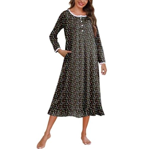 Marvmys Womens Cotton Long Sleeve Nightgown Long Sleepshirts Lace Trim Victorian Sleepwear with Pockets Black Floral XX-Large