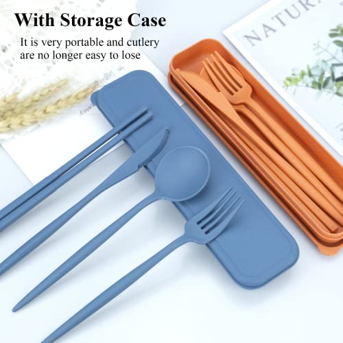 DISSKNIC Reusable Utensils Set with Case, 6 Sets Travel Utensils with Case, Wheat Straw Portable Cutlery Set Chopsticks Knives Fork and Spoon for Lunch Box Accessories
