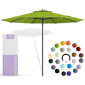 MIDTOWN UMBRELLAS The Push and Pop 10 Feet Outdoor Umbrella With Terylast Pear (Green) Polyester Fabric – 8 Fiberglass Ribs Aluminum Frame Patio Umbrella With Easy Push To Open System, Most Sturdy and Durable Market Umbrella – Black Frame