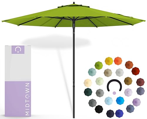 MIDTOWN UMBRELLAS The Push and Pop 10 Feet Outdoor Umbrella With Terylast Pear (Green) Polyester Fabric – 8 Fiberglass Ribs Aluminum Frame Patio Umbrella With Easy Push To Open System, Most Sturdy and Durable Market Umbrella – Black Frame