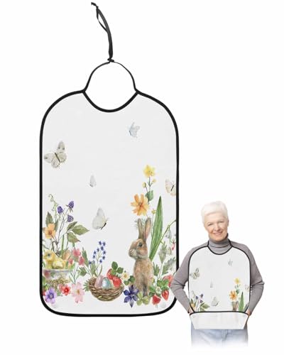 LEOKOTI Spring Easter Adult Bibs for Eating, Waterproof Bibs with Food Catcher & Adjustable Snap Closure, Pastoral Botanical Flowers Bunny Washable Clothing Protectors Adult Bibs for Elderly Women/Men