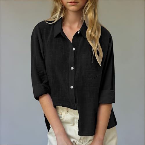 Teens Girls Cotton Linen Button Down Shirt 2025 Trendy Casual Long Sleeve Solid Color Shirts Loose Tops with Pocket4