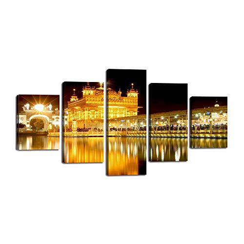 5 Piece Sikh Canvas Wall Art Golden Temple at Amritsar Painting India Pictures Dawn Mirror View Poster Prints Artwork Home Decor for Living Room Bedroom Office Framed Ready to Hang (60”Wx32”H)