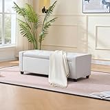 TRUNBACK 48' Storage Bedroom Bench for End of Bed, Faux Linen Upholstered Storage Ottoman with Arms for Bedroom,Living Room, Entryway, Beige