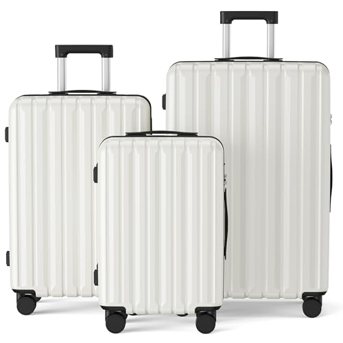 SHOWKOO Luggage Sets 3 Piece 100% PC Ultra Tough Hardside Expandable Suitcases Sets with TSA Approved Lock Double Spinner Wheels (20in/24in/28in, White