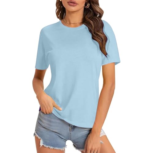 Image of Baggy T Shirts for Women UK Short Sleeve Summer Tops Crewneck Pullover Blouses Soft Gym Sport Running Tees Short Sleeve Tops for Ladies UK Cotton Tees Women Plus Size S-5Xl Light Blue XL