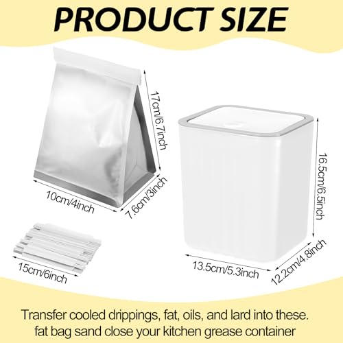 51 Set Grease Container for Kitchen with 50 Foil Liners Disposable Grease Bags and 1 White Storage Bin for Kitchen Bacon Cooking Oil Disposal to Stop Drains from Getting Clogged