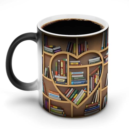 マグカップ 本棚 図書館 新学期 丸型エリアラグ 熱で色が変わる コーヒーカップ 変色カップ セラミック 耐熱 350ml 大容量 ティー マジック ハンドル付き 人気 おしゃれ 陶器 オフィス用 家庭用 贈り物