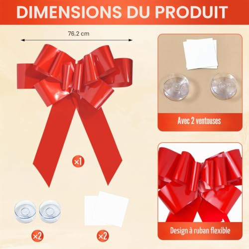 KNJOMZIE Grande Boucle De Voiture 76cm/30 Pouces Rouge - Grosse Boucle De Cadeau avec 2 Ventouses, Matériau Premium pour Voiture, Vélo, Noël, Mariage, Anniversaire – vue 2