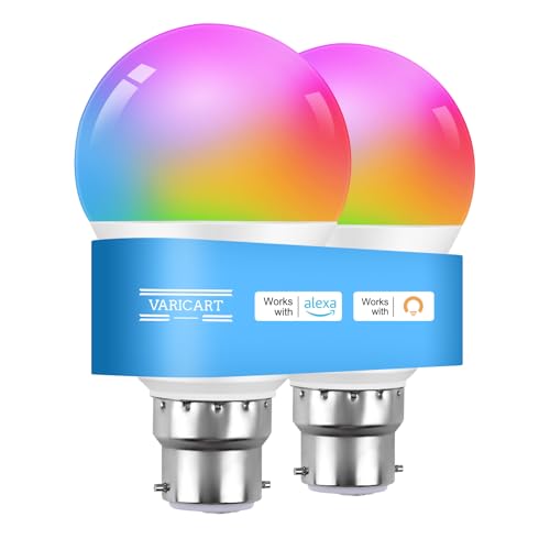 VARICART Smart Bulb B22 Alexa Light Bulbs, 8W Bluetooth Smart Bulb Bayonet Warm White 2700K, RGB Dimmable Color Changing 16 Million, Compatible with Alexa, Echo, App Control, No Hub Required, 2Packs