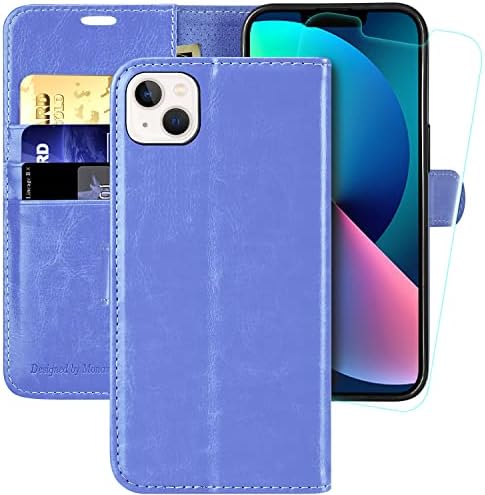 MONASAY Wallet Case for iPhone 13 Mini 5G,5.4-inch[Glass Screen Protector Included] [RFID Blocking] Flip Folio Leather Cell Phone Cover with Credit Card Holder Purple