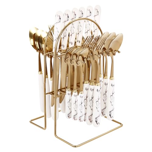 Cutlery Set for 6 People 24 Pieces Cutlery Set with Stand Stainless Steel Flatware Set Polishing with Spoon Knife and Fork Classic & Simple Design for Holiday banquets Weddings (White)