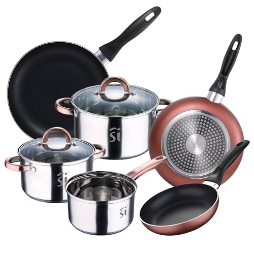 Bateria 5pc acero inoxidable Ø16Ø18Ø20 con 2 tapas de vidrio, y Set 3 sartenes Ø16/20/24 cm, aluminio prensado, set apto para inducción