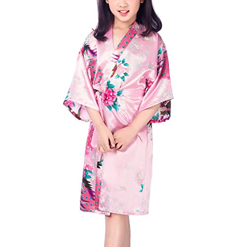 Wonderfit Girls Stain Kimono Peacock Flower Robe For Spa Wedding Birthday Pink 7-8 #TOP4