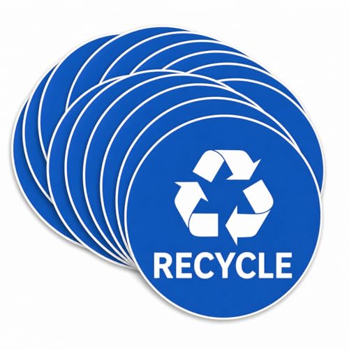 Recycle Stickers, 6" x 6" Waterproof Vinyl Labels, Industrial Grade Trash Bin Decals for Indoor and Outdoor Use, Black Garbage Sign Stickers for Office, Home and Commercial Bins（20PCS blue circle）