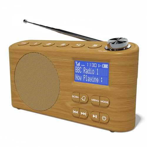 AZATOM Solo B1 Oak Portable DAB/DAB+ Digital Radio – Bluetooth, Dual Alarm, Rechargeable Battery & Mains, 80 Presets, AUX & Headphone Input, Sleep Timer