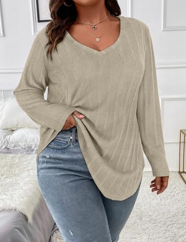 Image of Koscacy Women Plus Size Casual Knit Sweater V Neck Solid Color Tops Lightweight Long Sleeve Blouses