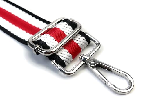 Image of Black White Red Stripe Webbing Purse Strap with Silver Hardware 1-1 /2 Inch Wide Replacement Crossbody Guitar Style Adjustable Shoulder Strap for Handbags Totes