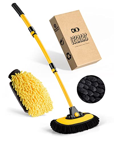 lesasas Car Wash Brush Kit with Extendable 50-102cm Handle, Soft Chenille Microfiber Mop & Mitt, 15° Bend Pole, Scratch-Free Auto Cleaning Tool for Car Van SUV Exterior