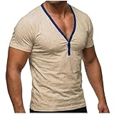 Mens Muscle Slim T Shirts Summer V Neck Gym Shirt Casual Cotton Workout Athletic Longline Tees Solid Color Henley Tee Beige-XXXL