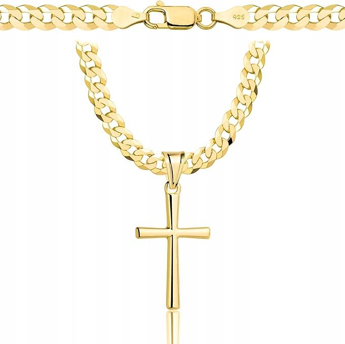 Amor Luxury Chaîne en or pour homme avec croix 585, chaîne pour homme 925/585 – Chaîne en or massif 585 massif – 5 mm, chaîne croix – Chaîne en or – Collier pour homme blindé