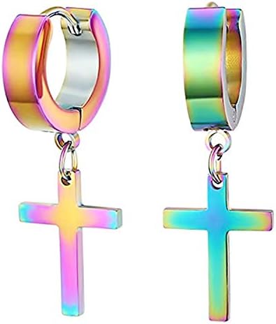 Flongo Men's Womens Vintage Stainless Steel Cross Dangle Hinged Hoop Earrings, Classique Drop Earrings for Christmas Valentine's