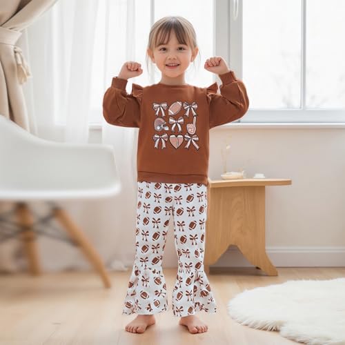 Toddler Little Girl Football Outfit Rugby Bow Ruffle Long Sleeve Sweatshirt Pullover Top Flare Pants Set 2-6T Clothes3
