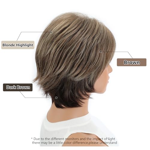 SEVENCOLORS Short Hair Wigs with Bangs Dark Brown Mixed Blonde Pixie Cut Wig for Women Straight Synthetic Fiber Wigs