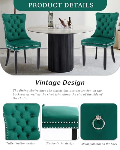VICBARLEY Velvet Dining Chair Set of 2 Upholstered Tufted Dining Room Chair with Nailhead Trim and Solid Wood Legs for Kitchen, Restaurant,Green
