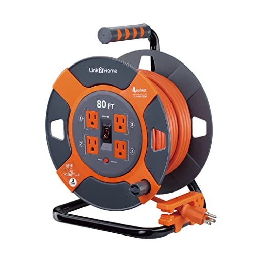 Link 2 Home Cord Reel Extension Cord 4 Power Outlets – 14 AWG SJTW Cable. Heavy Duty High Visibility Power Cord (80 Feet)