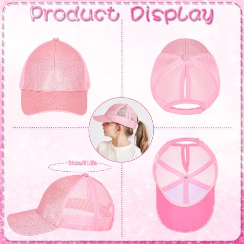 Girls Baseball Cap Kids Sunglasses, Glitter Sun Hat Breathable Mesh Ponytail Cap Trucker Cap Adjustable Summer Hat for Girls Outdoor Sports Pink2