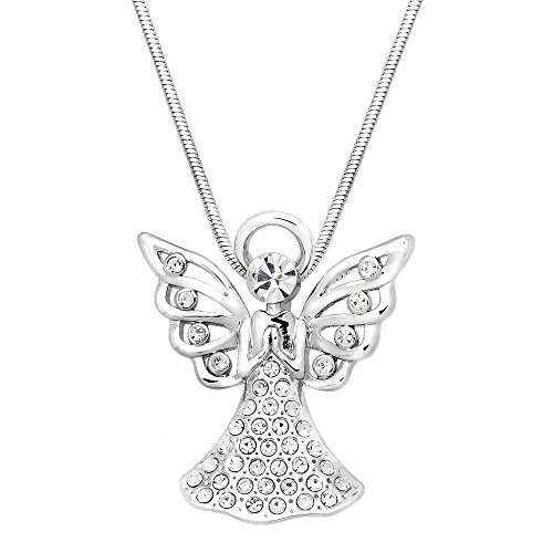 Falari Guardian Angel Pendant Necklace Rhinestone Crystal High Polished Rhodium J1466 #TOP11