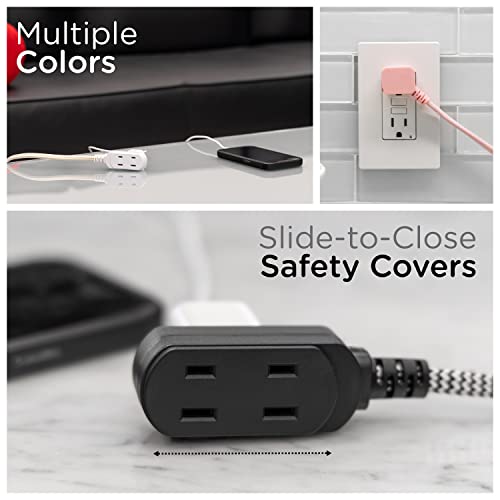 Cordinate Designer 3-Outlet Extension Cord, 8 Ft Braided Cable, 2-Prong Power Strip, Slide-To-Lock Safety, Low-Profile Flat Plug, Polarized, Etl Listed, Black/White, 39984 #TOP5