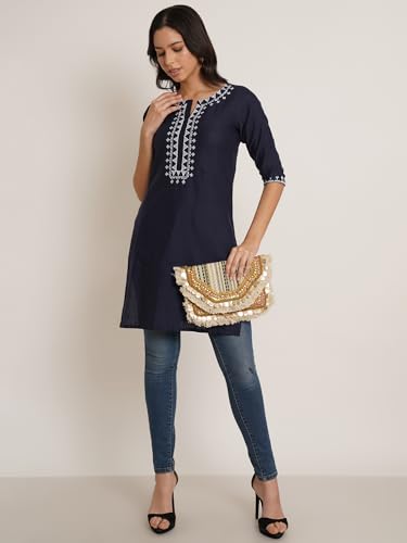 Image of Brownverse Pure Cotton Embroidered Women Short Kurti